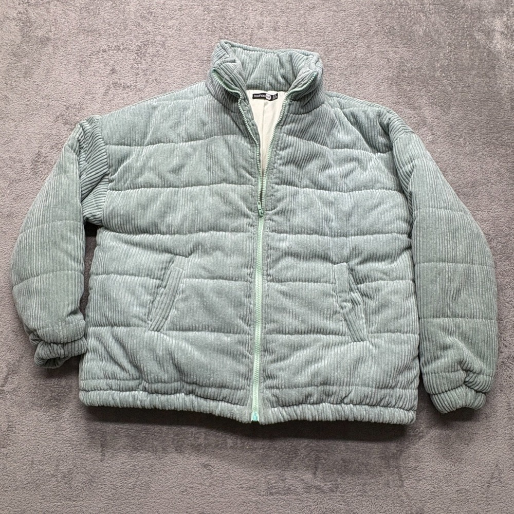 Boohoo Blue Corduroy Puffer Jacket Womens Large Blue Green